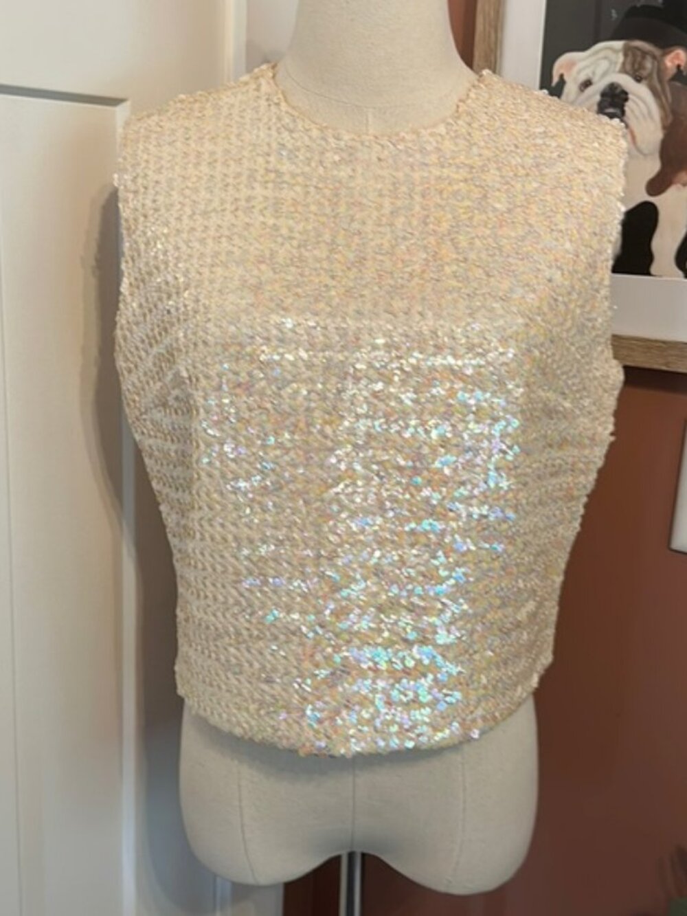 Vintage Stephen O’Grady sleeveless cream pearl iridescent M sequins crop shirt